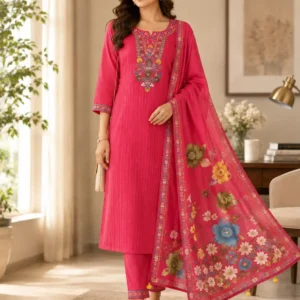 Gulnaar Pink 60x60 Cotton Pintex Embroidered Kurta Pant Dupatta Set