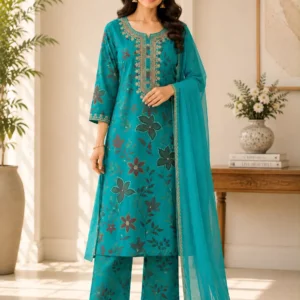 Aarini Blue Pure Muslin Embroidered Kurta Set with Chinnon Dupatta
